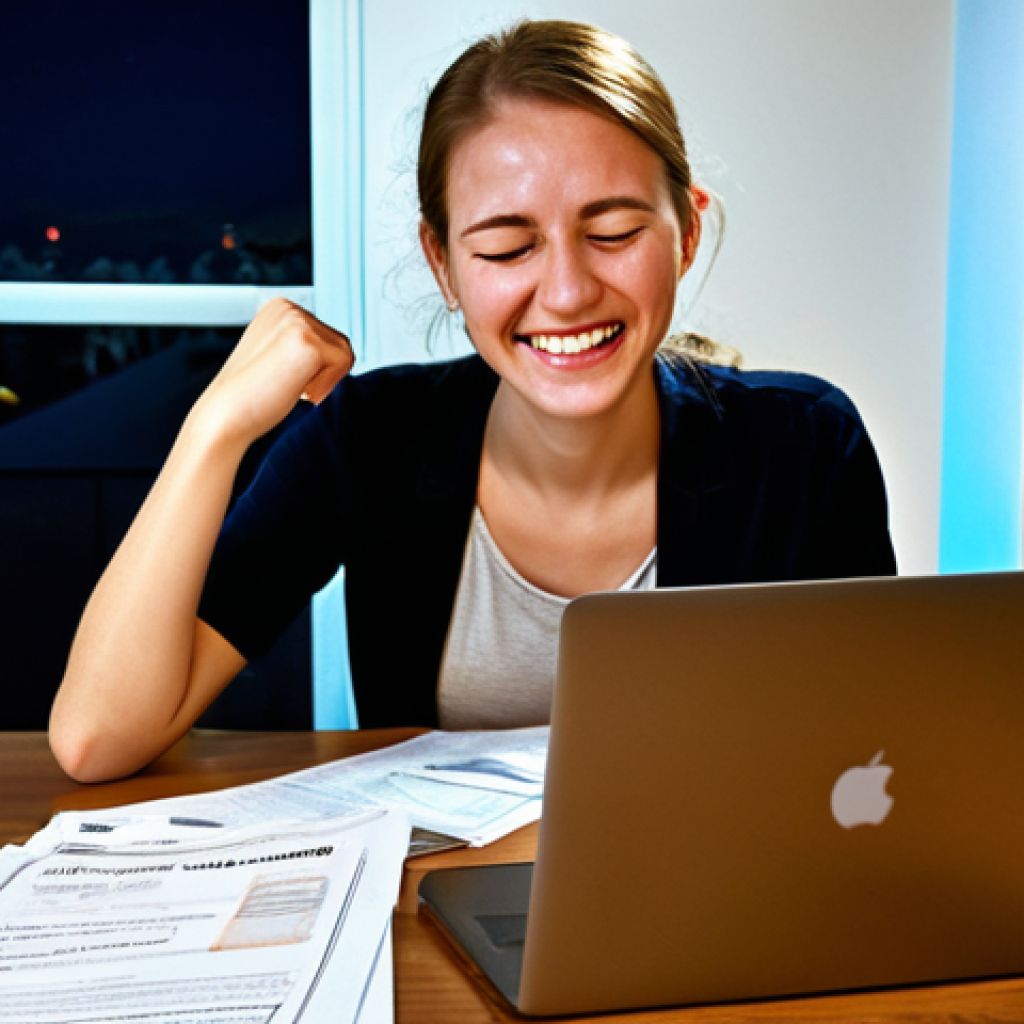 **
A tired but happy overseas study abroad consultant with teary eyes, sitting at a desk late at night surrounded by paperwork and application documents. A laptop screen displays a message saying "Congratulations! Accepted!". Focus on the emotion of accomplishment and joy.
**