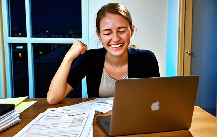 **

A tired but happy overseas study abroad consultant with teary eyes, sitting at a desk late at night surrounded by paperwork and application documents. A laptop screen displays a message saying "Congratulations! Accepted!". Focus on the emotion of accomplishment and joy.

**