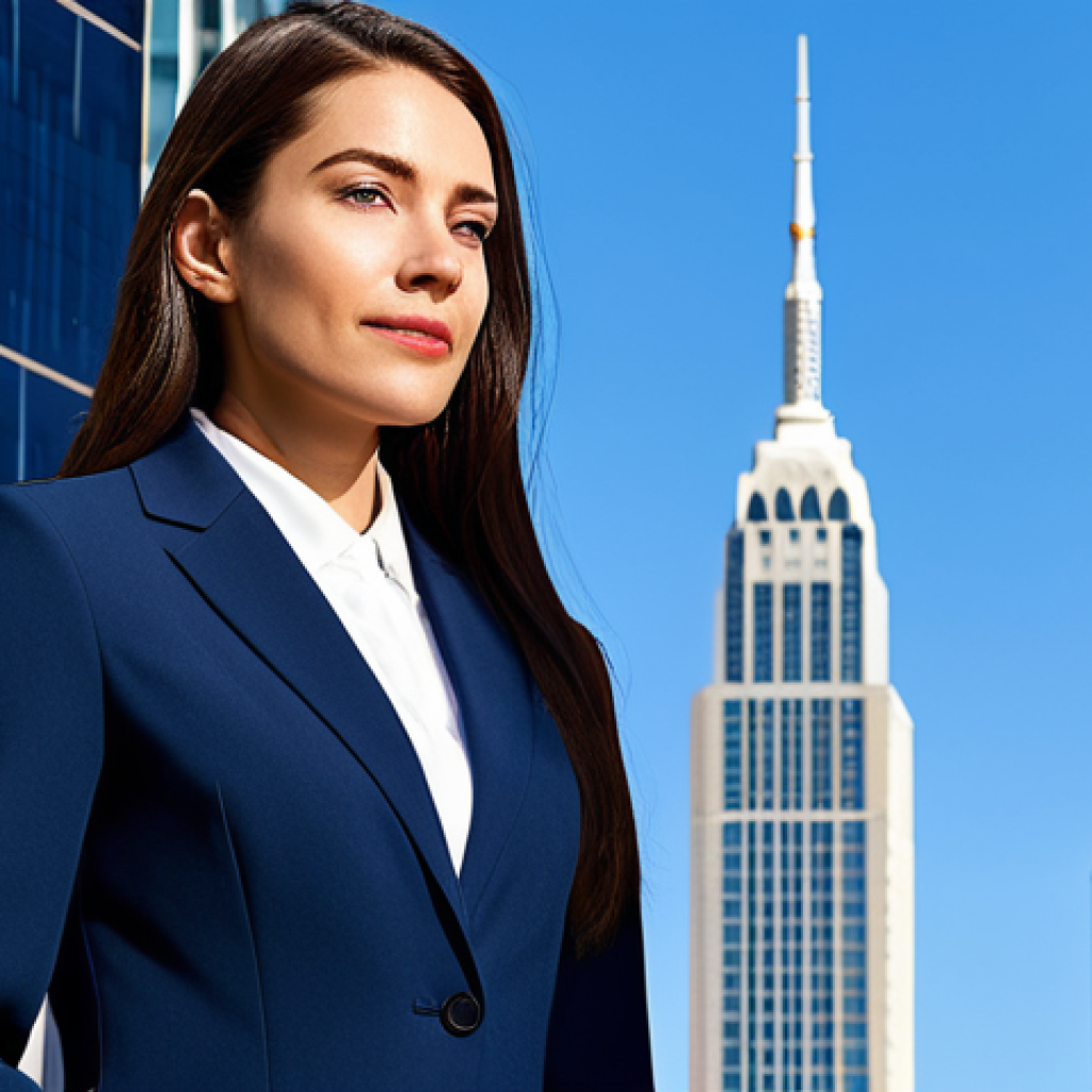 **
"A professional businesswoman in a modest, dark blue power suit, standing confidently in front of a modern skyscraper. Fully clothed, appropriate attire, safe for work. Perfect anatomy, natural proportions, professional corporate photography, bright daylight, clear sky, high quality."
**