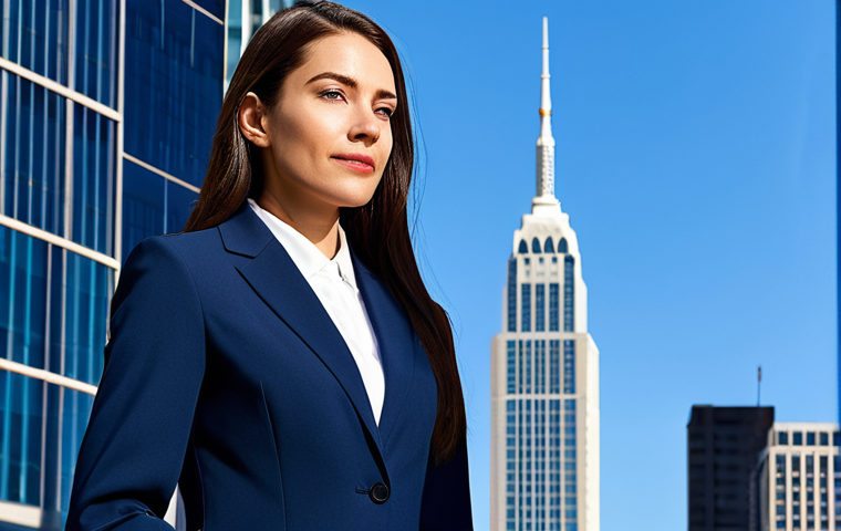 **

"A professional businesswoman in a modest, dark blue power suit, standing confidently in front of a modern skyscraper. Fully clothed, appropriate attire, safe for work. Perfect anatomy, natural proportions, professional corporate photography, bright daylight, clear sky, high quality."

**