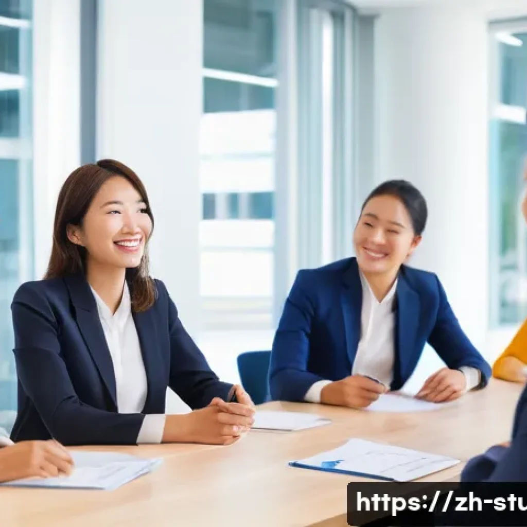 해외연수코디네이터 실전 연수 사례 - A vibrant, dynamic illustration depicting an overseas training coordinator in a modern, well-lit con...