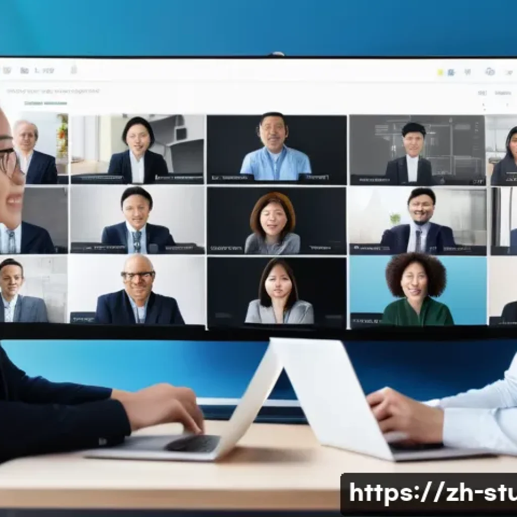 해외연수코디네이터 관련 업무 환경 변화 - A modern digital workspace scene showing a diverse group of overseas study coordinators collaboratin...