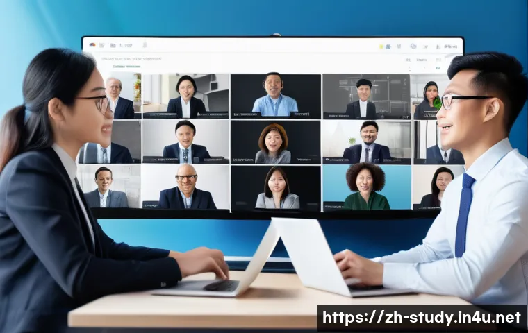 해외연수코디네이터 관련 업무 환경 변화 - A modern digital workspace scene showing a diverse group of overseas study coordinators collaboratin...