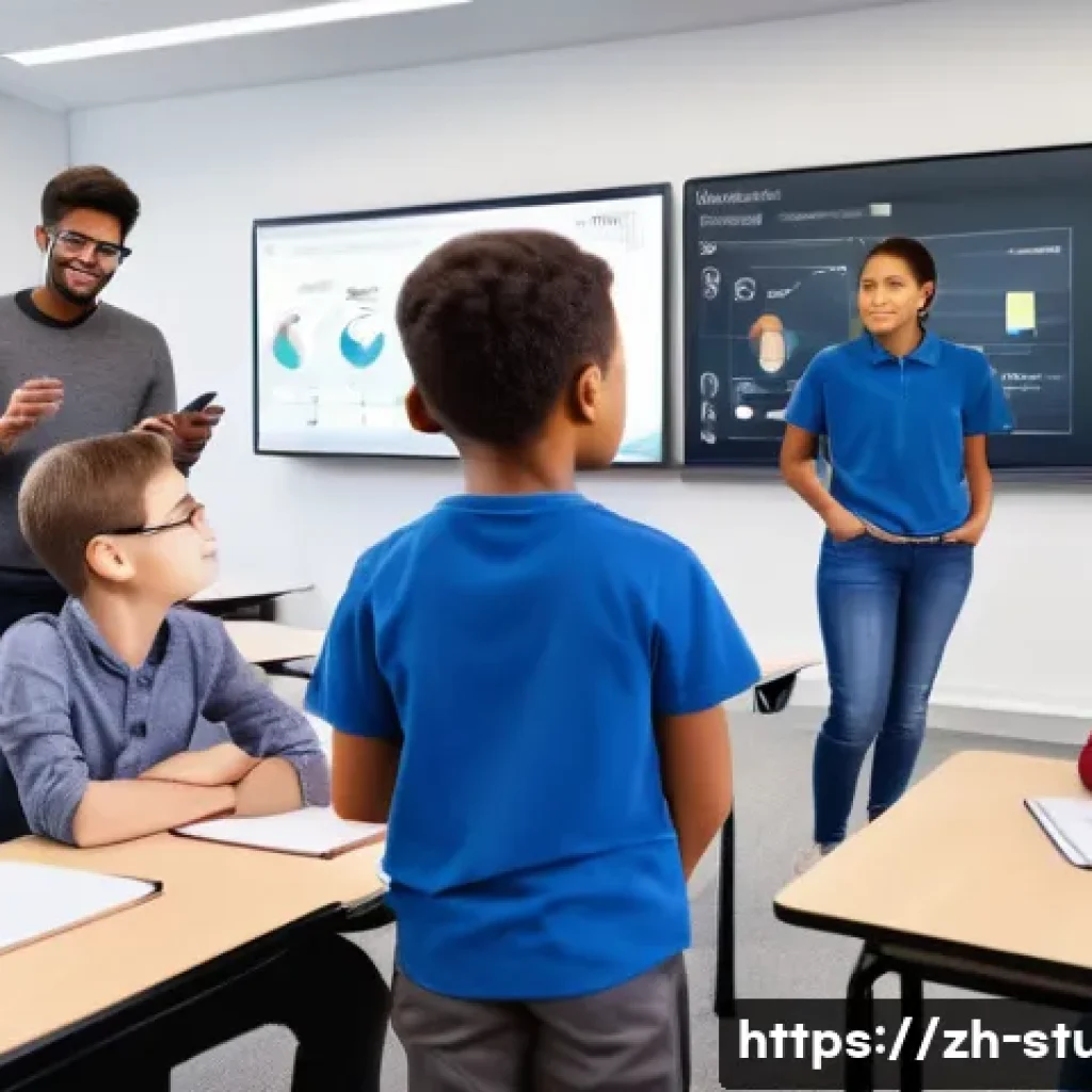 해외연수코디네이터 다양한 교육 현장 방문기 - A modern smart classroom scene featuring diverse students actively engaging with interactive whitebo...