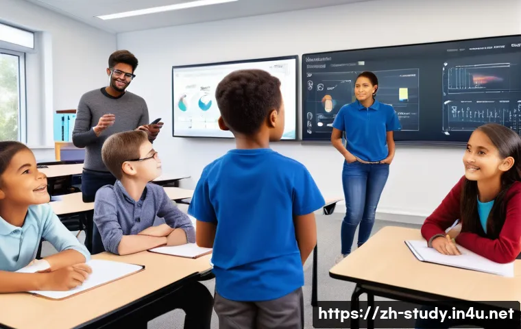 해외연수코디네이터 다양한 교육 현장 방문기 - A modern smart classroom scene featuring diverse students actively engaging with interactive whitebo...