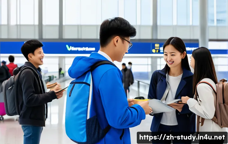 해외연수코디네이터 연수 전후 관리 - A professional study abroad coordinator warmly assisting a diverse group of international students a...