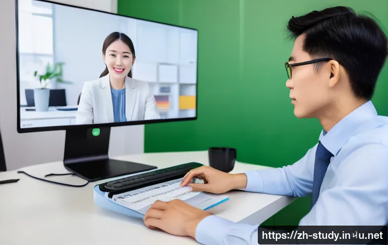 해외연수코디네이터 고용 시장 트렌드 - A modern international training coordinator in a bright office setting, managing a hybrid training s...