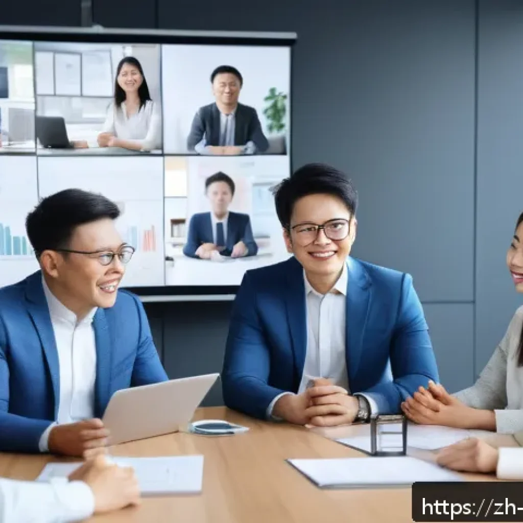 해외연수코디네이터 해외 프로젝트 관리 - A diverse multicultural business team in a modern office setting, engaged in a dynamic video confere...