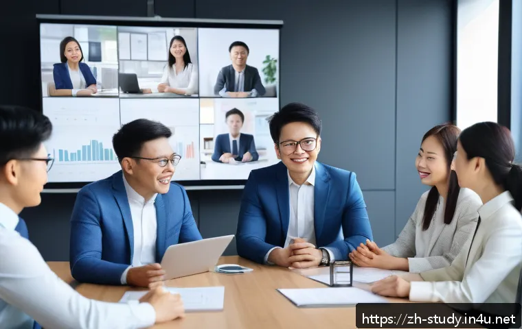 해외연수코디네이터 해외 프로젝트 관리 - A diverse multicultural business team in a modern office setting, engaged in a dynamic video confere...