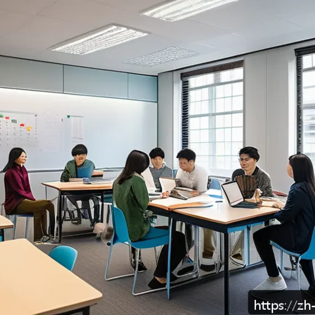 해외연수코디네이터 해외연수기획의 장단점 - A modern study environment featuring a diverse group of international students attentively engaging ...