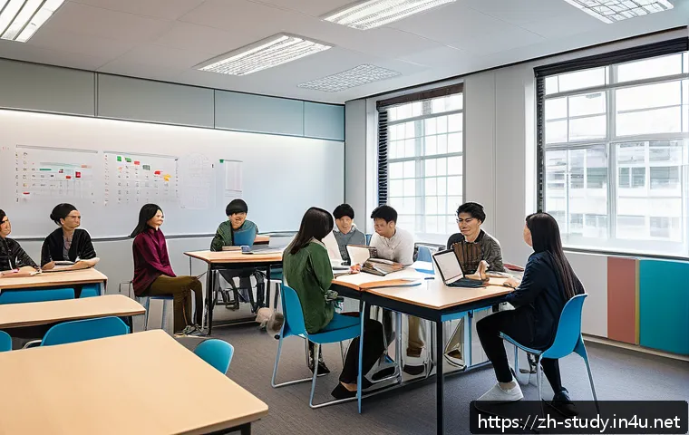 해외연수코디네이터 해외연수기획의 장단점 - A modern study environment featuring a diverse group of international students attentively engaging ...