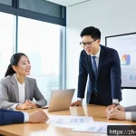해외연수코디네이터 대인 관계 기술 - A modern office scene featuring a diverse group of professional business people engaged in active li...