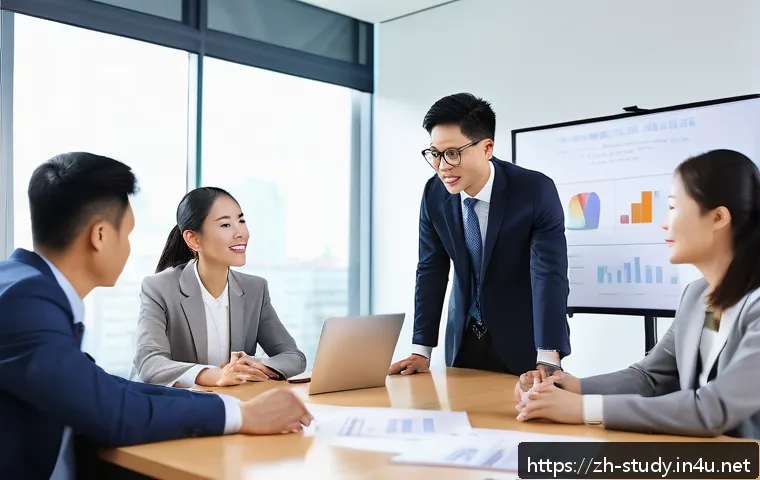 해외연수코디네이터 대인 관계 기술 - A modern office scene featuring a diverse group of professional business people engaged in active li...