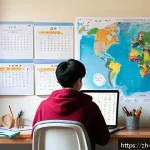 해외연수코디네이터 연수 목표 설정 - A modern overseas student sitting at a neat study desk in a cozy dorm room, surrounded by textbooks,...