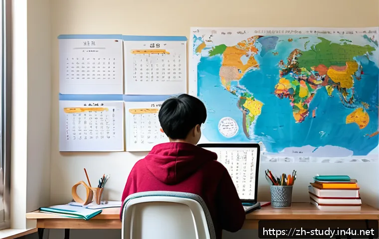 해외연수코디네이터 연수 목표 설정 - A modern overseas student sitting at a neat study desk in a cozy dorm room, surrounded by textbooks,...