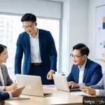 해외연수코디네이터 국제적 직무 트렌드 - A diverse international team collaborating around a large conference table in a modern office, with ...