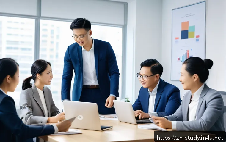 해외연수코디네이터 국제적 직무 트렌드 - A diverse international team collaborating around a large conference table in a modern office, with ...